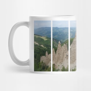 The incredible earth pyramids of Collepietra (Piramidi di Terra) in the Dolomites. Striking place. Italian Alps. Sunny spring day with no people. Valley in the background. Trentino Alto Adige. Mug